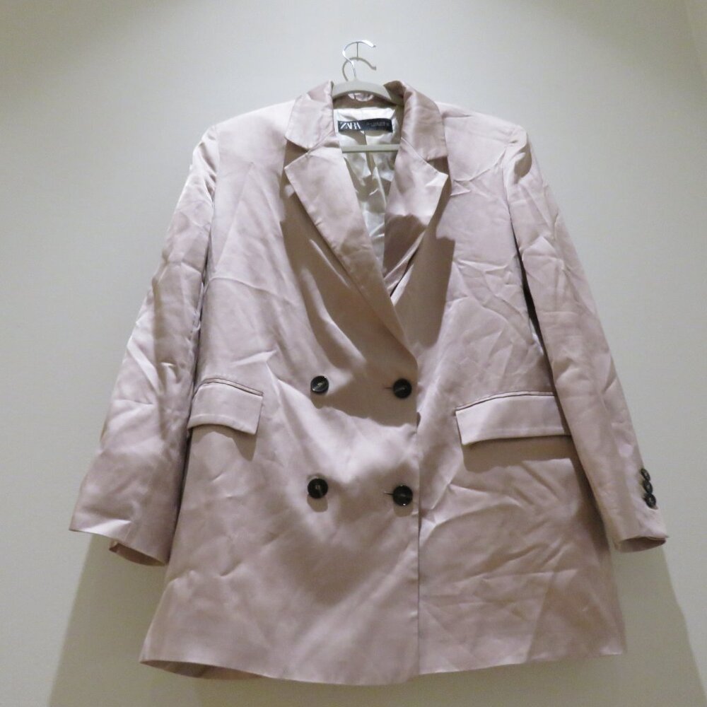 ZARA Long Buttoned Collared Satin Blazer in Blush Pink Pastel Preppy - Size S - Picture 9 of 14